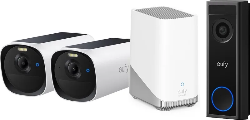 E40 2-CamSet (HomeBase 3 S380) - draadloze outdoor beveiligings camera op zonne-energie - 2K-resolutie, MaxColor nachtzicht + eufy C30 2K Draadloze Video Deurbel 2K op Accu - Bundelvoordeel by eufy in White – product photo