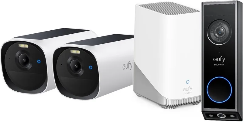 E40 2-CamSet (HomeBase 3 S380) - draadloze outdoor beveiligings camera op zonne-energie - 2K-resolutie, MaxColor nachtzicht + eufy Security E340 Video Deurbel – Dual-Cam technologie, 2K Full HD-resolutie, kleur nachtzicht - bund by eufy in Wit+E340 – product photo