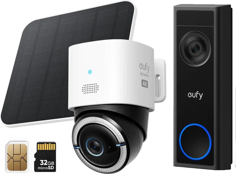 eufy 4G LTE S330 Camera - met WiFi Nachtzicht - 4K Pan&Tilt - Volkomen draadloos met zonnepaneel - AI Tracking en 4G verbinding met simkaart +C30 Draadloze Video Deurbelset 2K FHD - Accu- kan ook zonder Homebase de eufy en Noir – photo produit