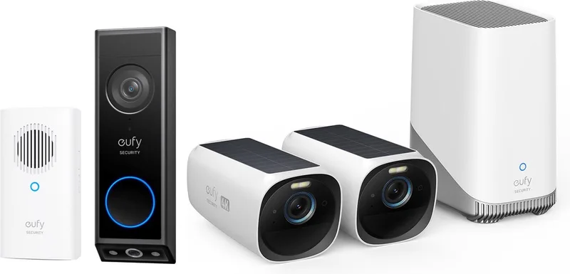 eufyCam 3 Set met 2 camera's met zonnepaneel + eufy E340 2K Draadloze Video Deurbel Inclusief Chime - Accu - Zwart de eufy en Inclusief E340 – photo produit