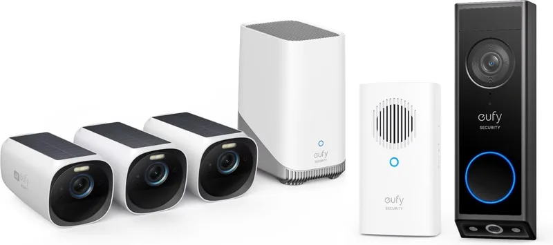 eufyCam 3 Set met 3 camera's met zonnepaneel + eufy E340 2K Draadloze Video Deurbel Inclusief Chime - Accu - Zwart van eufy in Inclusief E340 – productfoto
