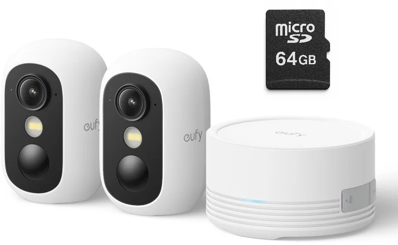 eufyCam C35 2-Cam Kit, Wit, Draadloze Beveiligingscamera, Voor Buiten en Binnen, Magnetische Bevestiging, Kleurennachtzicht, Lokale Opslag, Geen Maandelijkse Kosten, IP67, Gezichtsherkenning + MicroSDXC 64GB - Bundelvoordeel van eufy in Wit SDcard – productfoto