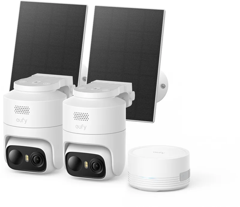 eufyCam C37 2-Cam Kit + HomeBase mini - Draadloze Beveiligingscamera Voor Buiten - 360° Beeld - 2K Zonnecamera- Persoons- Huisdier- En Voertuigdetectie - Zonnepaneel - Kleuren-nachtzicht - Geen Extra Kosten de eufy en Blanc – photo produit