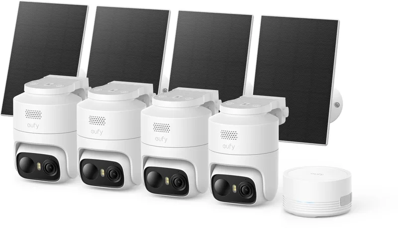 eufyCam C37 4-Cam Kit + HomeBase mini - Draadloze Beveiligingscamera Voor Buiten - 360° Beeld - 2K Zonnecamera- Persoons- Huisdier- En Voertuigdetectie - Zonnepaneel - Kleuren-nachtzicht - Geen Extra Kosten de eufy en Blanc – photo produit