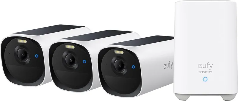 eufyCam E40 3-Cam Set (HomeBase 2), draadloze outdoor beveiligingscamera met zonne-energie, 2K-resolutie met ingebouwd zonnepaneel, MaxColor nachtzicht, uitbreidbare lokale opslag, geen maandelijkse kosten de eufy en Blanc – photo produit