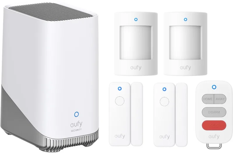 HomeBase 3 S380 basissysteem + 2x E20 raam/deur sensors + 2x E20 bewegingsmelder + E10 sleutelhanger - Alarm Bundel van eufy in Wit – productfoto