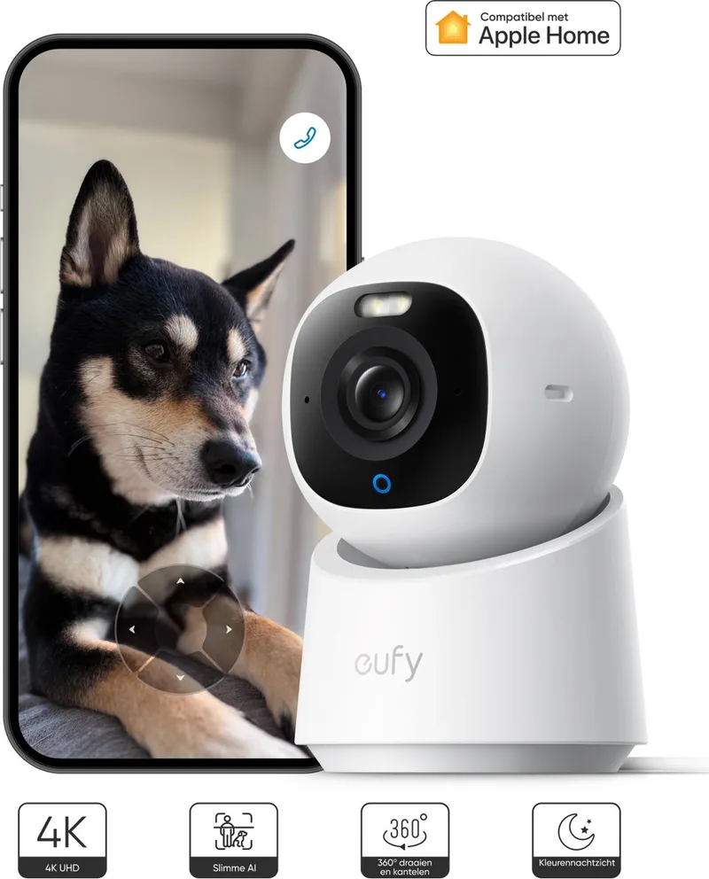 Indoor camera E30 - Indoor Cam - Huisdiercamera met app - Petcam - 4K UHD - Pan & Tilt - AI Mens - en Huisdierdetectie - Kleurennachtzicht - Compatibel met Apple HomeKit - Tweewegcommunicatie - Lokale Opslag - Geen Abonnementskosten van eufy in Wit – productfoto