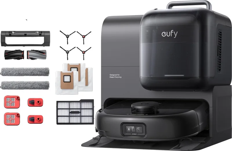 Omni E28 - Robotstofzuiger met Vervangingssets - Draagbare dieptereiniger - HydroJet systeem - 20.000 Pa zuigkracht - DuoSpiral ontklittende borstels - CornerRover arm - alles-in-één station by eufy in Black – product photo