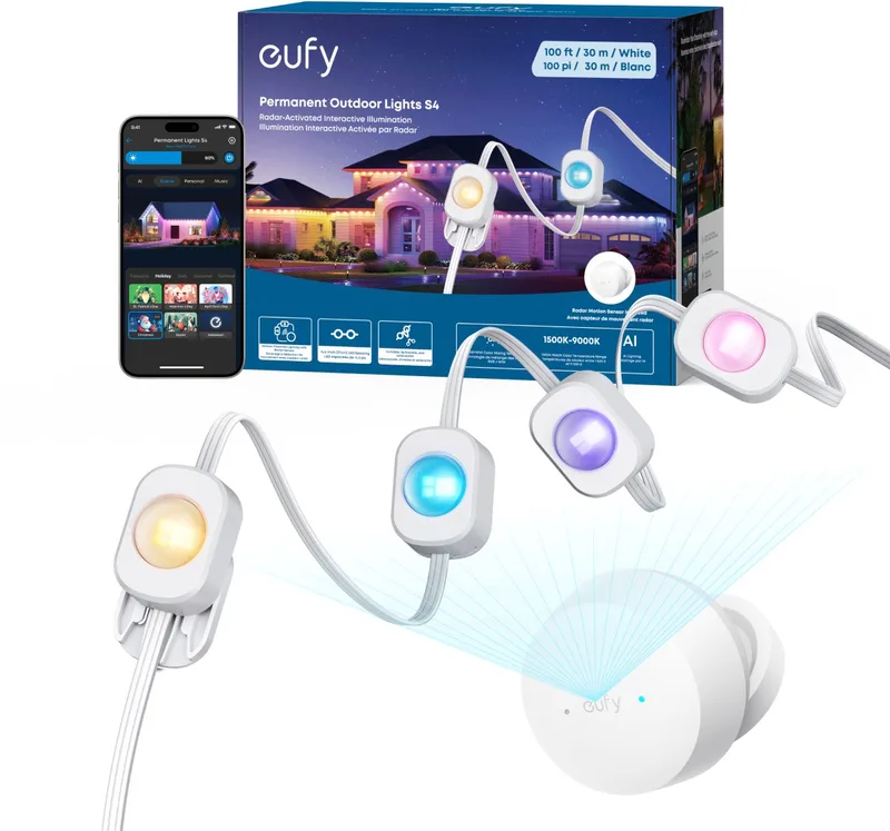 Permanente Buitenverlichting S4 - Slimme Radar Buitenlamp - 30m - 72 LED's - Tot IP67 - RGBWW AI-Sfeerverlichting - Compatibel met eufy-camera - Ideaal voor Dagelijks Gebruik & Feestdagen by eufy in Multicolour – product photo