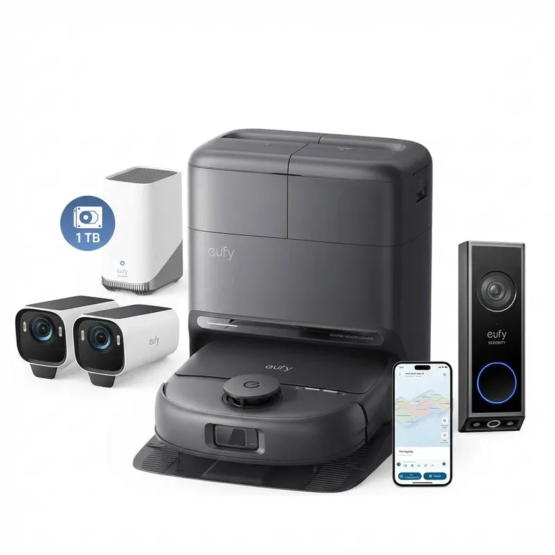 Robot Vacuum Omni C28 + eufyCam S3 Pro 2-Cam Set + 1 TB Hard Drive + Video Doorbell E340 de eufy – photo produit