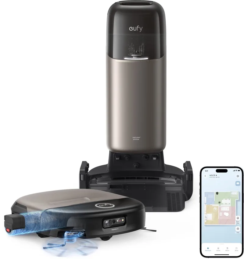S2 Nieuw 2026 Stofzuiger- en Dweilrobot HydroJet - 30kPa AeroTurbo™ 2.0-Zuigkracht - Vloerreinigingssysteem 2.0 - EcoClean™ Elektrolyse - Randreiniging - Haarvrije DuoSpiral™ Borstels - 12-in-1 UniClean™ Station by eufy in Black – product photo