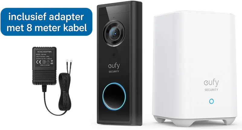 S220 Video Deurbel Inclusief HomeBase 2 + deurbel adapter met 8 meter kabel - Bundelvoordeel van eufy in Zwart + adapter – productfoto
