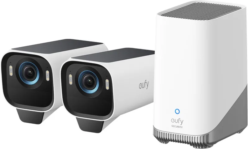 S3 Pro Buitencamera's - 2 Pack met HomeBase 3 - Outdoorcam set - 4K Ultra HD resolutie - MaxColor Vision™ technologie - Zonne-energie met SolarPlus™ 2.0 - Compatibel met Apple HomeKit - Alexa en Google Assistant van eufy in Zwart, Wit – productfoto