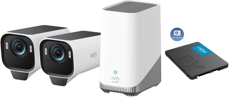 S3 Pro Buitencamera's, 2 Pack met HomeBase 3 - Outdoorcam set - 4K Ultra HD resolutie, MaxColor Vision™ technologie, Zonne-energie met SolarPlus™ 2.0, Compatibel met Apple HomeKit, Alexa en Google Assistant + 240GB SSD - Bundelvoordeel by eufy in White – product photo