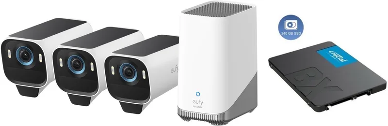 S3 Pro Buitencamera's, 3 Pack met HomeBase 3 - Outdoorcam set - 4K Ultra HD resolutie, MaxColor Vision™ technologie, Zonne-energie met SolarPlus™ 2.0, Compatibel met Apple HomeKit, Alexa en Google Assistant + 240GB SSD - Bundelvoordeel van eufy in Wit – productfoto