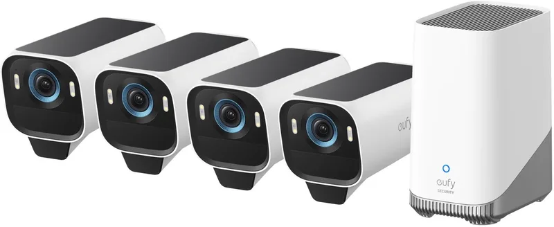 S3 Pro Buitencamera's, 4 Pack met HomeBase 3 - Outdoorcam set - 4K Ultra HD resolutie, MaxColor Vision™ technologie, Zonne-energie met SolarPlus™ 2.0, Compatibel met Apple HomeKit, Alexa en Google Assistant från eufy i Vit – produktbild
