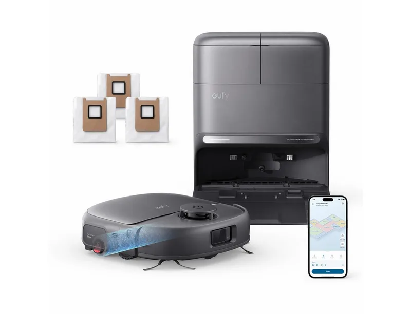 Saugroboter C28 15000 Pa Turbo-Saugkraft,50°C-Heißlufttrocknung, 60 W, mit Beutel, HydroJet delbstreinigende Wischrolle, Omni-Station, Anti-Verwicklung från eufy i Set – produktbild