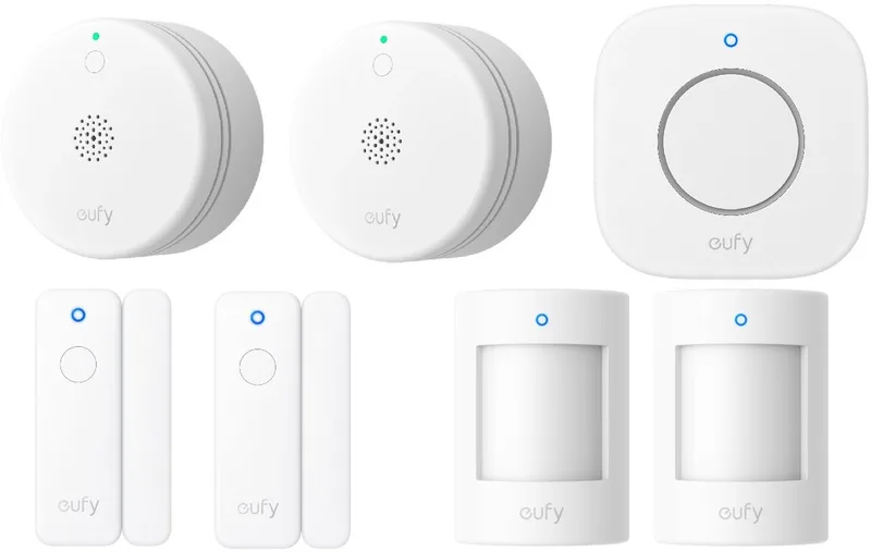 slim alarm systeem | 7-delig Beveiligingspakket | 2 Rookmelder | 2 Deur/Raamsensor | 2 Bewegingsmelder | 1 Sirene | Voordeelset van eufy in Wit 7 delig – productfoto