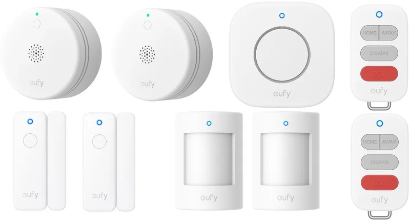 slim alarm systeem | 9-delig Beveiligingspakket | 2 Rookmelder | 2 Deur/Raamsensor | 2 Bewegingsmelder | 2 Afstandsbediening | 1 Sirene | Voordeelset van eufy in Wit 9 delig – productfoto