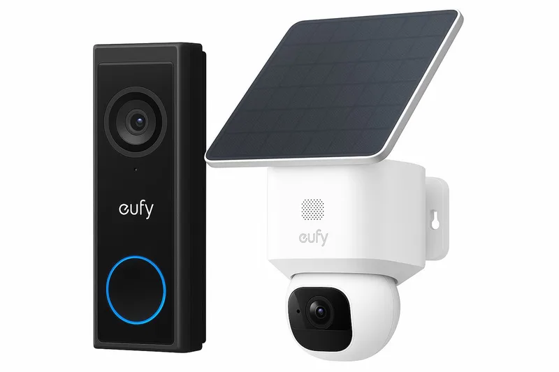 Solo Camera E30 – SoloCam - 2K HD-resolutie – 360° Pan & 70° Tilt – AI Auto Lock en Tracking – Zonne-energie met SolarPlus™ Technologie + eufy C30 2K Draadloze Video Deurbel 2K FHD - Accu Zwart de eufy en Blanc – photo produit
