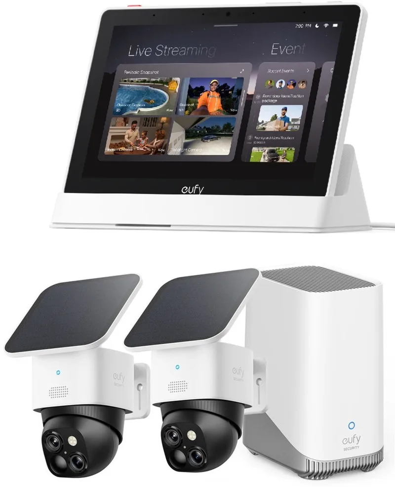 SoloCam S340 - 360° buitencamera 2-pack + Homebase 3 + E10 smart display - Bundelvoordeel von eufy in Weiß – Produktfoto