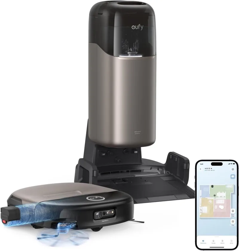 Stofzuiger en Dweilrobot HydroJet S2 - 30kPa AeroTurbo� 2.0 - Zuigkracht - Vloerreinigingssysteem 2.0 - EcoClean� Elektrolyse - Randreiniging - Haarvrije DuoSpiral� Borstels - 12-in-1 UniClean� Station van eufy in Zwart – productfoto