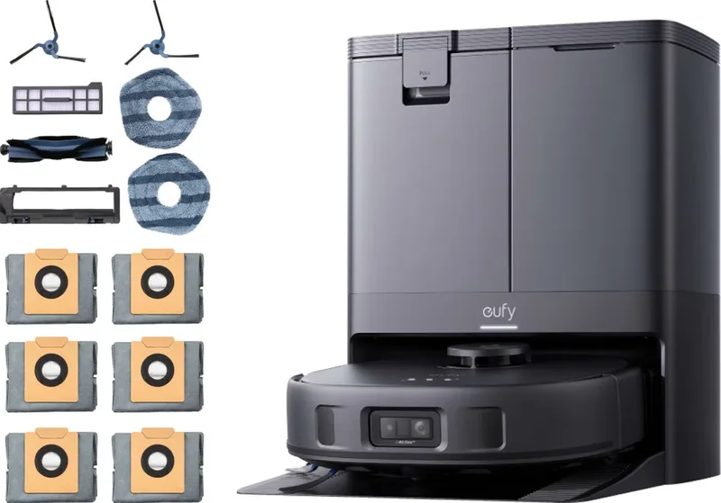 X10 Pro Omni - Complete Robotstofzuiger met dweil en Vervangingssets - Robot Vacuum - Tapijt detectie AI-obstakel vermijding - Wast en droogt de dwei - Automatisch legen en vullen de eufy en Noir – photo produit