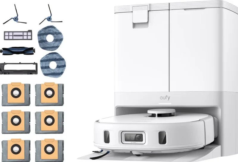 X10 Pro Omni - Complete Robotstofzuiger wit - Met dweil en Vervangingssets - Robot Vacuum - Tapijt detectie - AI-obstakel vermijding- Wast en droogt de dweil- Automatisch legen en vullen de eufy en Blanc – photo produit