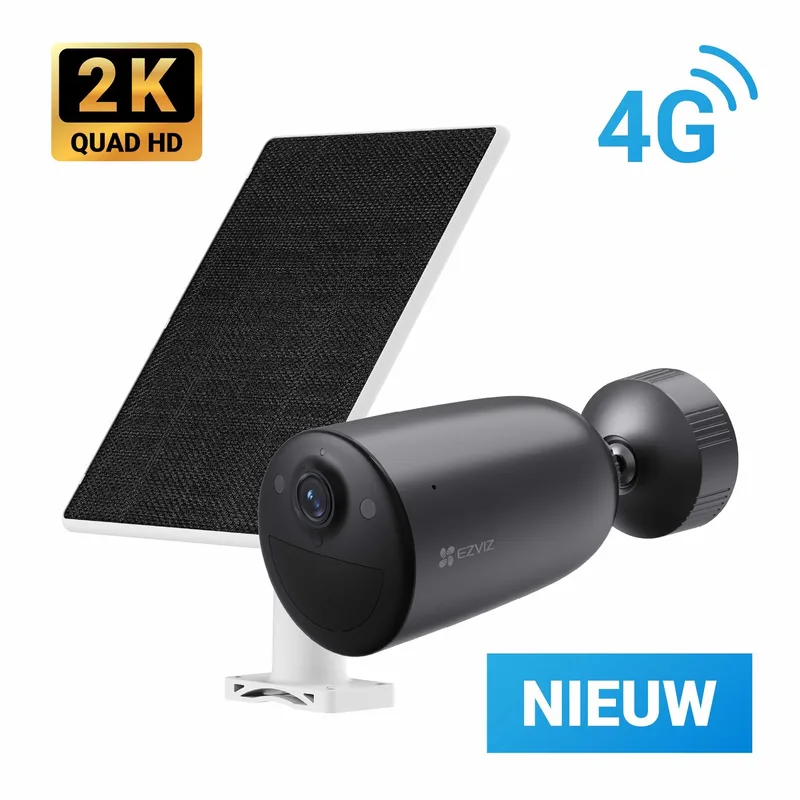 EB3 4G Kit – 2K Beveiligingscamera & 5W Zonnepaneel – AI Powered – Motion Detection & Active Defense - Google Assistant & Amazon Alexa by EZVIZ in Black – product photo