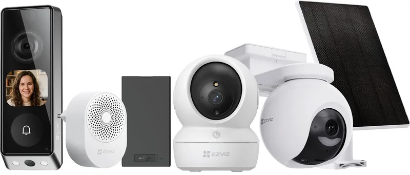 EP8 Ultra Video Deurbel + HB8 Pro 4K Beveiligingscamera + H6c 4K Binnencamera - Beveiligings Voordeelbundel van EZVIZ in Wit – productfoto