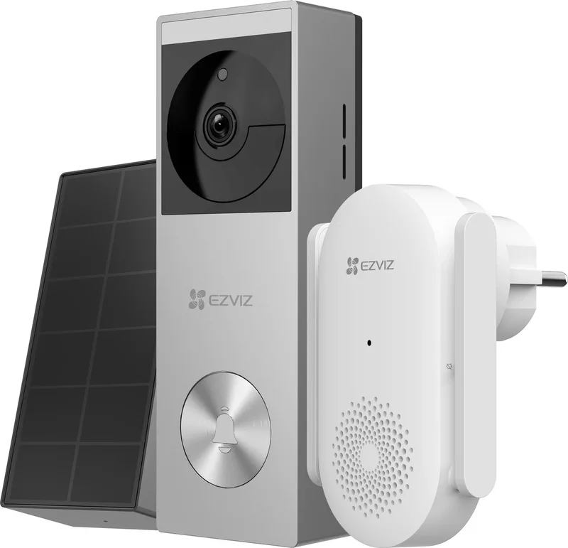 EZVIZ 2K Wireless Video Doorbell with Solar Panel, 5200mAh Battery, Person Detection, Color Night Vision, Privacy Zone, Built-in 8GB eMMC, Video Doorbell with Camera, Wireless/Wired, CP3 Pro+Chime van EZVIZ in HP3 Pro + Chime+ – productfoto