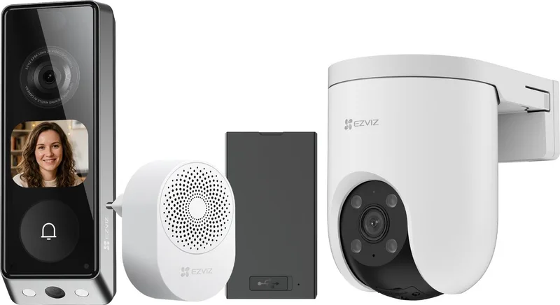 H8c Pro 4K + EP8 Ultra - 360° Buitencamera en Slimme Videodeurbel - Persoons-, Voertuig- en Pakketdetectie - Voordeelbundel van EZVIZ in Wit – productfoto