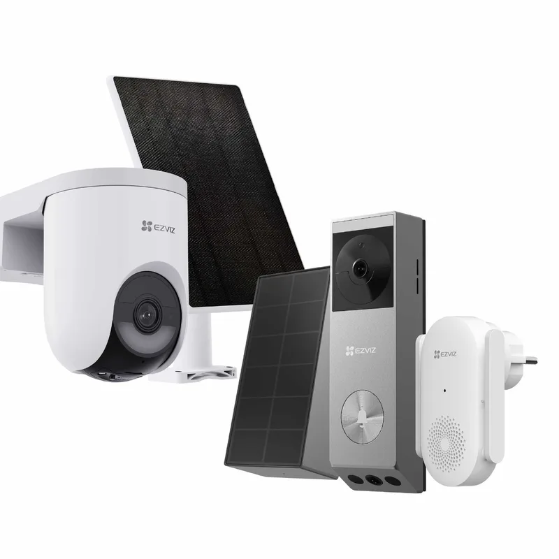 HB8 Lite Buitencamera met Zonnepaneel + EP3x Pro Videodeurbel Incl. Chime – AI Detectie & Kleurnachtzicht - Draadloos - IP65 van EZVIZ in Wit – productfoto