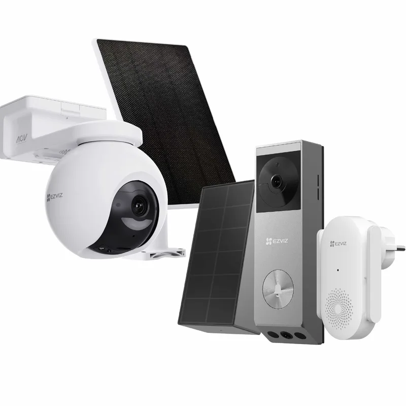 HB8 Pro 4K Buitencamera Incl. 5W Zonnepaneel + EP3x Pro Videodeurbel Incl. Chime – 360° AI Detectie & Kleurnachtzicht - Draadloos van EZVIZ in EZVIZ EP3x Kit + HB8 Pro Kit – productfoto