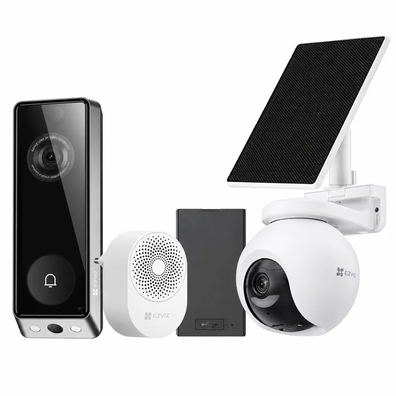 HB8 Pro + EP8 Ultra Beveiligingsset - 4K 360° Buitencamera met Zonnepaneel - Dual Lens Videodeurbel - Voordeelbundel by EZVIZ in Silver, Black – product photo