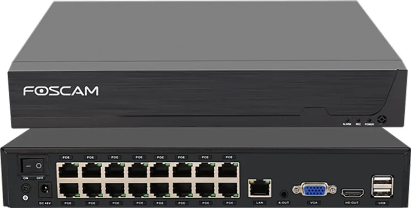 FNA216HE - 16-kanaals 4K 8MP PoE NVR - Netwerk Video Recorder - Beveiligingscamera Recorder - Bewegingsdetectie - H.264+ - HDMI VGA - 2x16TB HDD - Plug & Play de Foscam en Noir – photo produit