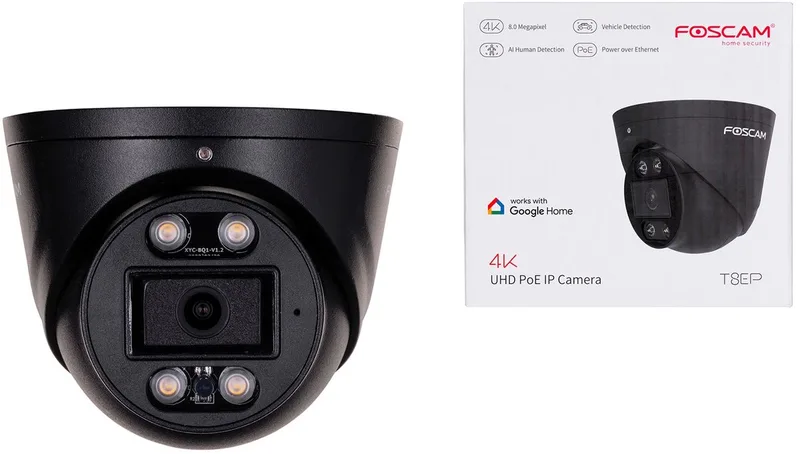 T8EP Beveiligingscamera Buiten – 4K 8MP PoE Turret Camera – Actieve Afschrikking met Spotlight en Sirene – Persoons- en Voertuigdetectie – 2-weg Audio – IP66 by Foscam in Black – product photo