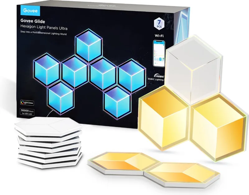 hexagon slimme lichtpanelen Ultra RGBIC - 7 wall panels by Govee in White – product photo