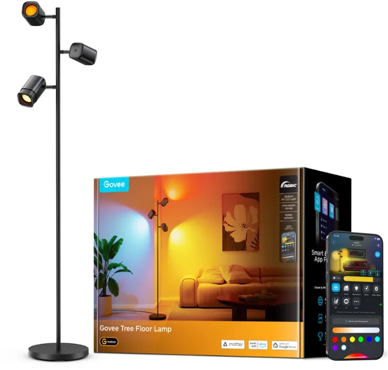slimme vloerlamp 160 cm Matter RGBWW - 3 lichtkoppen - slimme leeslamp - tree floorlamp by Govee in Black – product photo