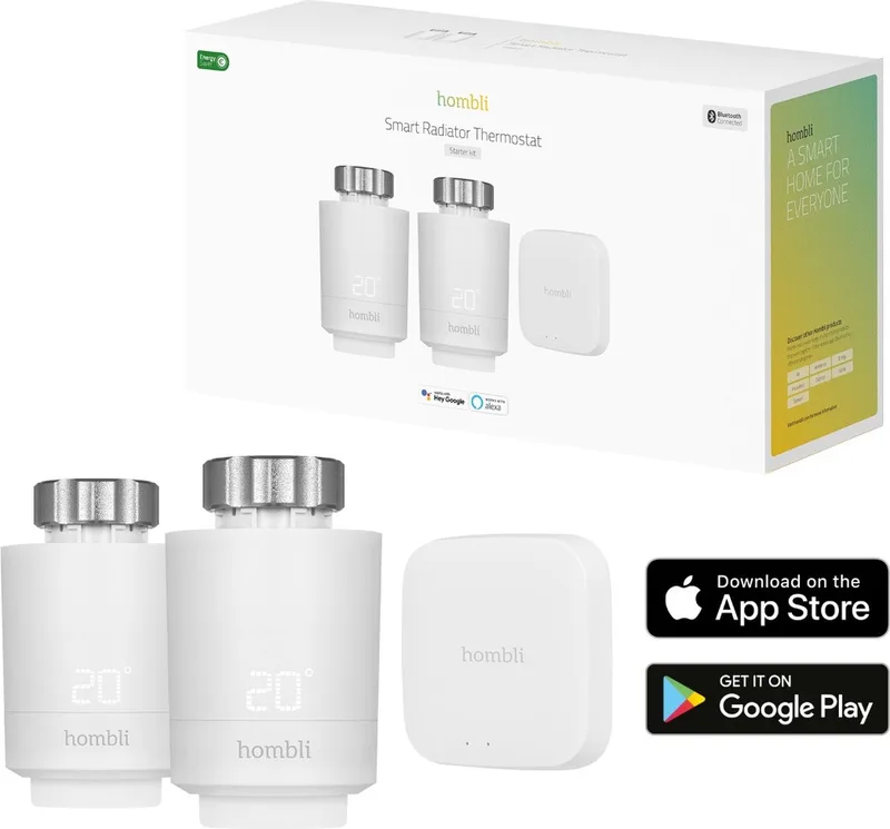 Slimme Radiatorknop - Thermostaatkraan- Thermostatisch - Starterspakket incl. Bluetooth/WiFi Hub - Verbruiksmeter - Incl. Koppelstukken by Hombli in White – product photo