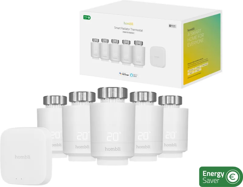 Slimme Radiatorknop - Thermostaatkraan- Thermostatisch - Starterspakket incl. Bluetooth/WiFi Hub - Verbruiksmeter - 5 Pack by Hombli in White – product photo