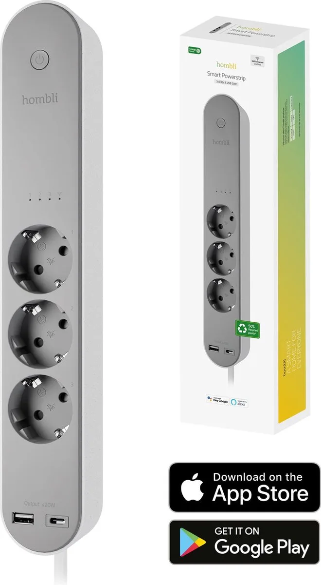 Slimme Stekkerdoos – 3-Voudig - 1x USB 1x USB-C met Schakelaar – App met Energiemonitor/Verbruiksmeter – Overspanningsbeveiliging - 1.5m Snoer van Hombli in Wit, Grijs – productfoto