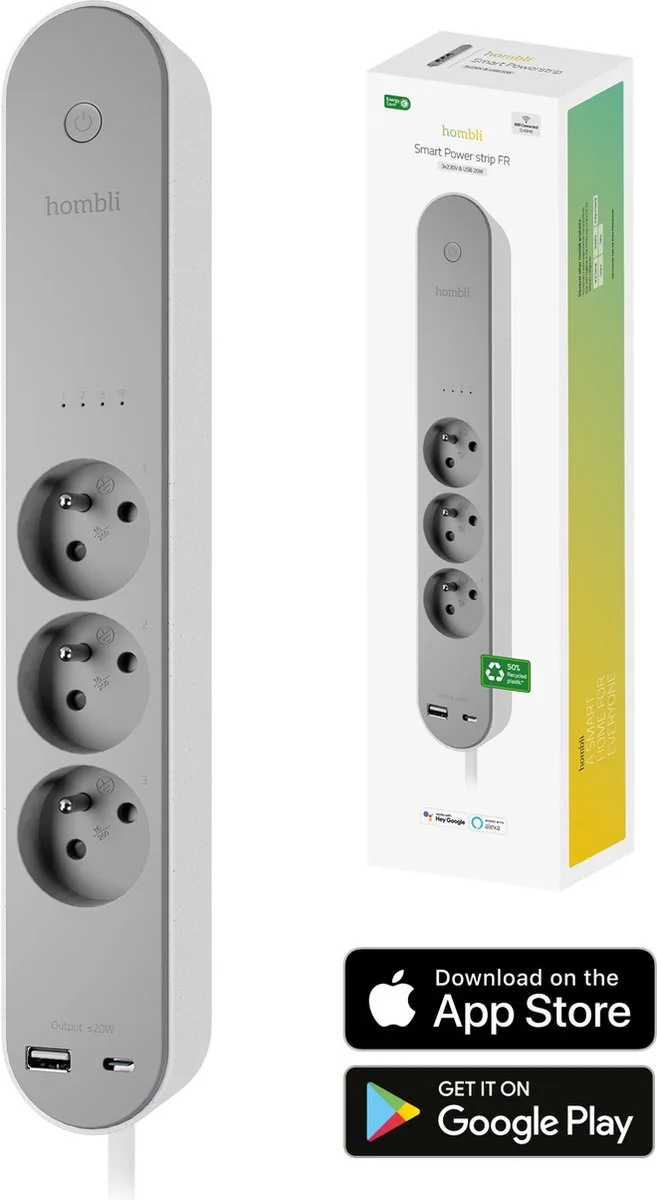Slimme Stekkerdoos – 3-Voudig – Franse Stekker (Type E) - 1x USB 1x USB-C met Schakelaar – App met Energiemonitor/Verbruiksmeter – Overspanningsbeveiliging - 1.5m Snoer van Hombli in Wit, Grijs – productfoto
