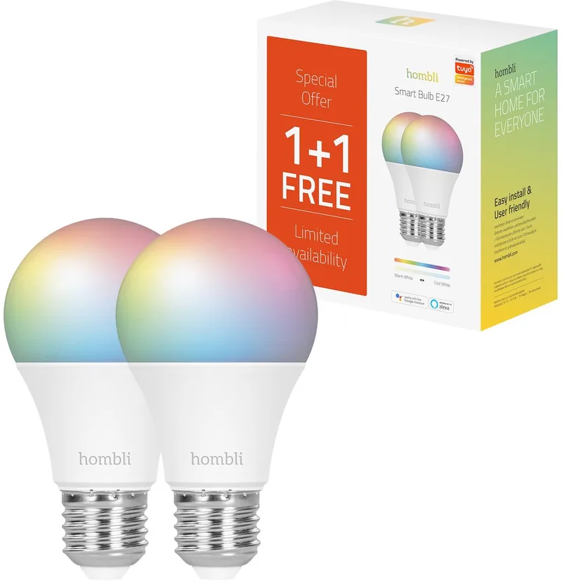 Slimme verlichting - Wifi lamp E27 color - Geen bridge nodig - 16 Miljoen Kleuren en alle Wittinten - Smart LED - Dimbaar en Tunable - Promopack 1+1 by Hombli – product photo