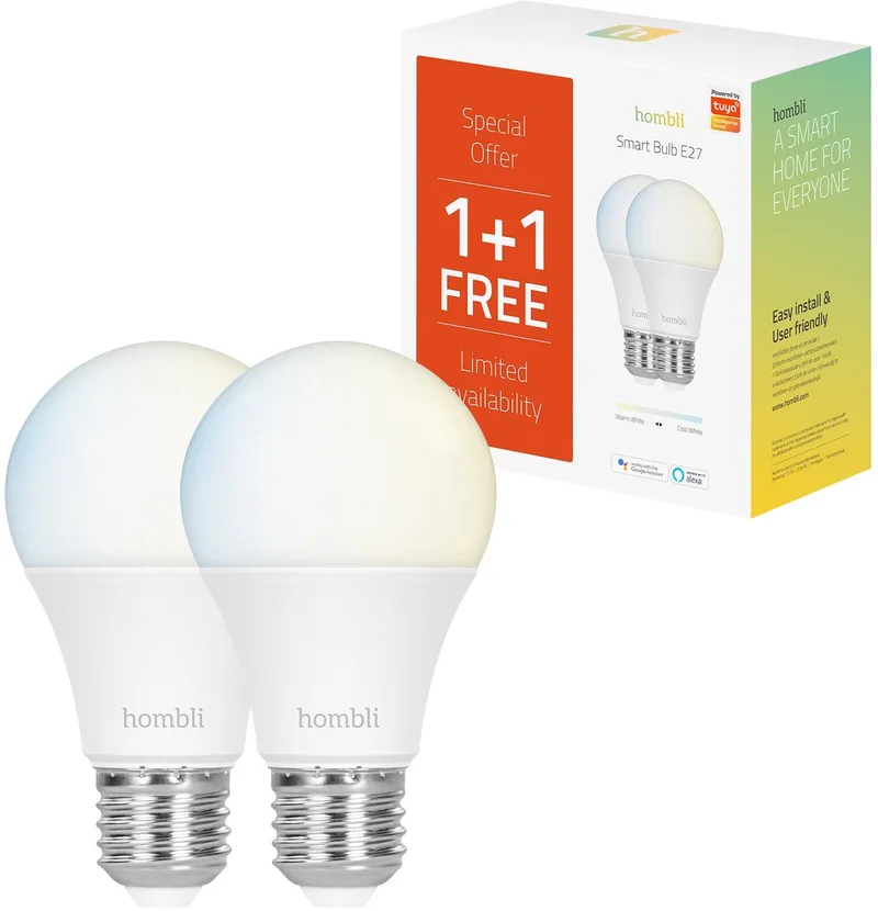 Slimme verlichting - Wifi lamp - E27 - Warmwit licht - Geen bridge nodig - Smart LED - Dimbaar en Tunable - Promopack 1+1 by Hombli – product photo
