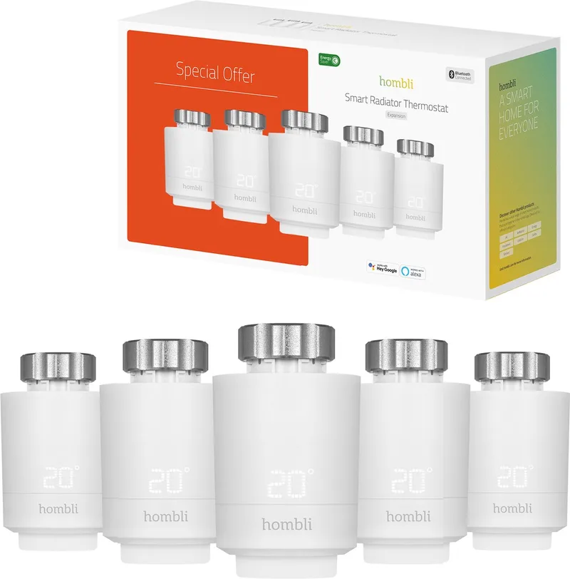 Smart Radiator Thermostat Expansion Pack (5-PACK) – Slimme radiatorknop – Thermostaatkraan – Bluetooth – Bediening via App - Open raam detectie – Verbruiksoverzicht – Spraakbesturing met Google, Alexa en Siri by Hombli in White – product photo