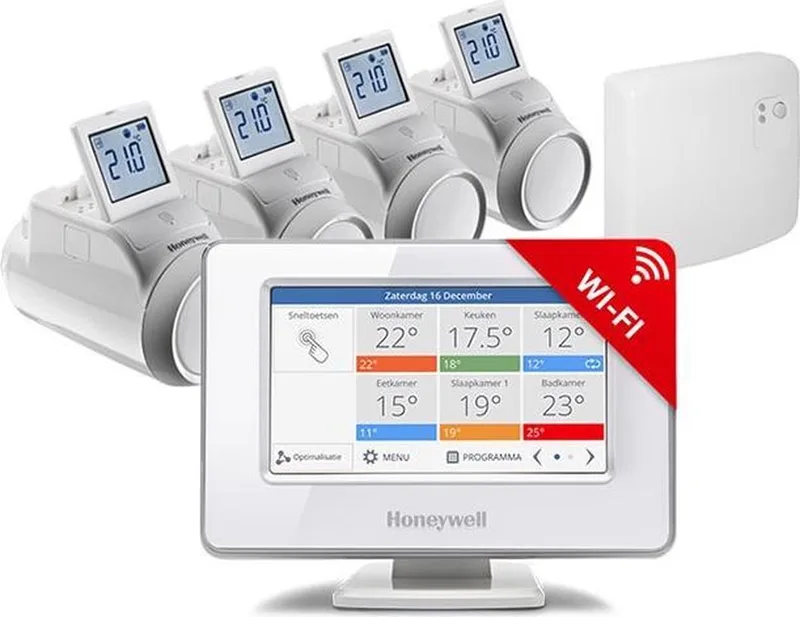 Evohome Aan/Uit Slimme thermostaat - Wifi - Draadloos - Inclusief 4 thermostaatknoppen van Honeywell Home in Wit – productfoto