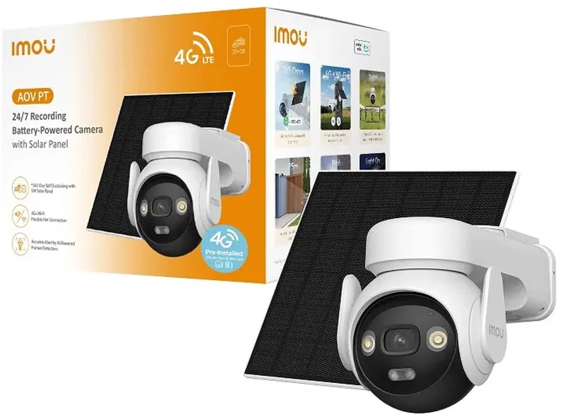 AOV PT Kit – Draadloze Beveiligingscamera op Batterij met Zonnepaneel – 5MP 3K – 4G & WiFi – 360° PTZ – Continue Opname fra Imou i Hvid – produktbillede