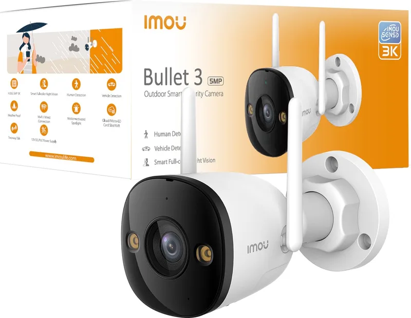 Bullet 3 3K - Beveiligingscamera Buiten - 3K UHD Beeldkwaliteit - WIFI 6 Ondersteuning - Smart Color Night Vision - AI Persoons -En Voertuigendetectie - IP67 Weerbestendig - Ingebouwde Spotlight - Ingebouwde microfoon en luidspreker 110dB Sirene fra Imou i Hvid – produktbillede
