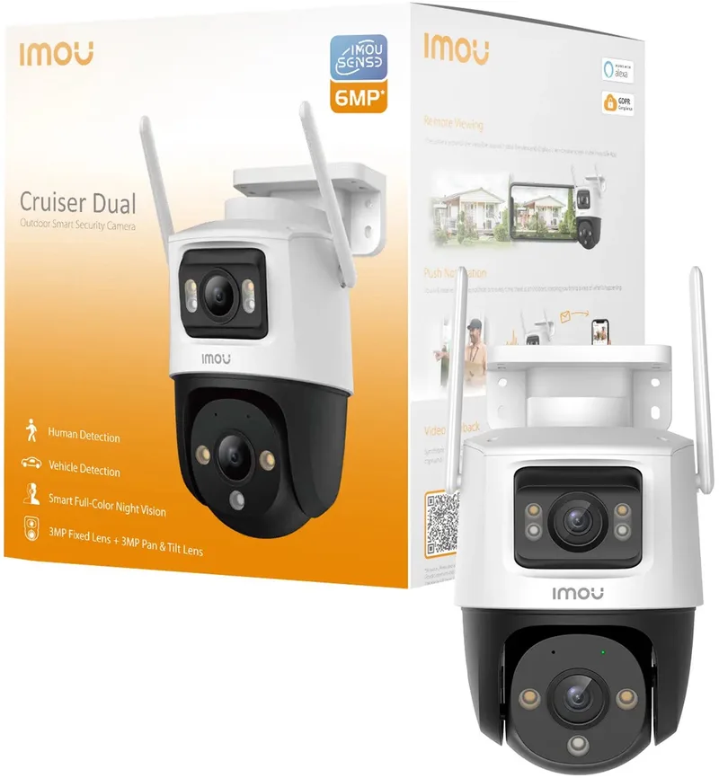 Cruiser Dual 6MP - Beveiligingscamera Voor Buiten - Camera Met Dubbele Lens (2 x 3MP) - 360° Dekking - Accurate Persoons- En Voertuigdetectie - Met Kleurennachtzicht - Sirene - IP66 Weerbestendig van Imou in Wit – productfoto 1 van 3